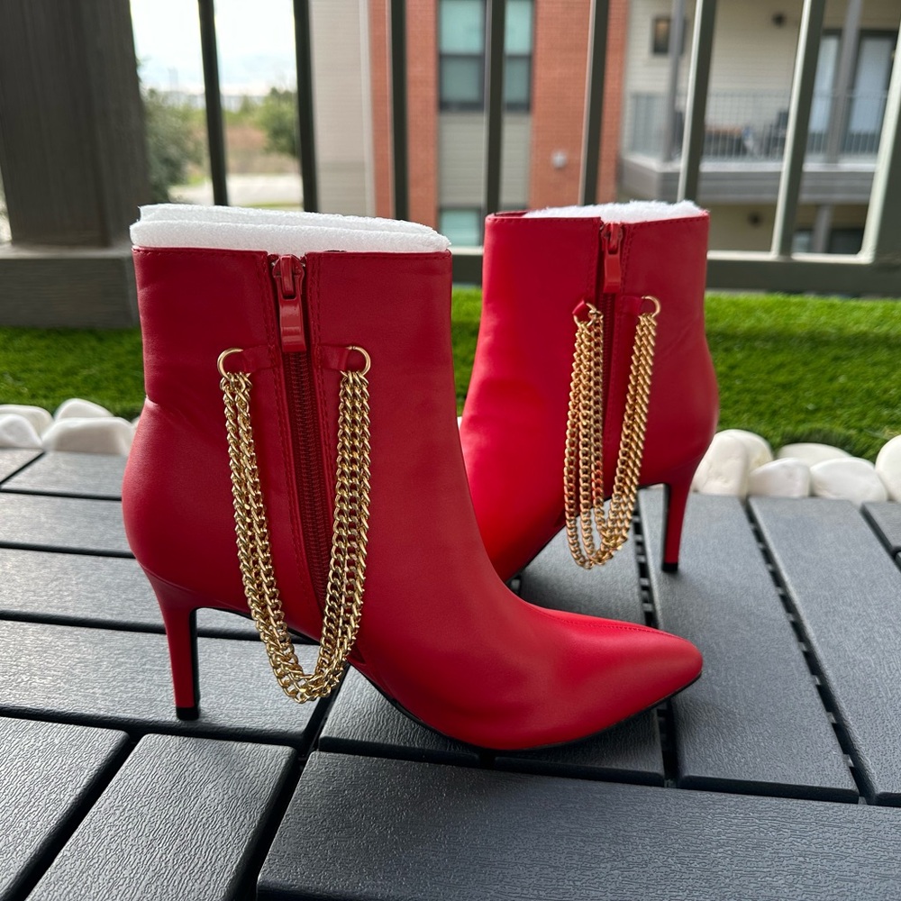 Red Women's Ankle Boots with Gold Chain Detail